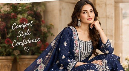 Navy embroidered Indian suit. Comfort, Style, Confidence.